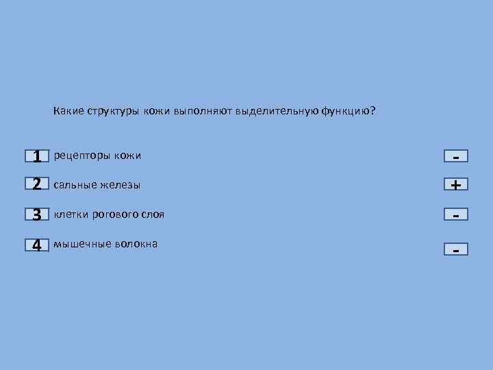 Какие структуры кожи выполняют выделительную функцию? 1 2 рецепторы кожи 3 клетки рогового слоя