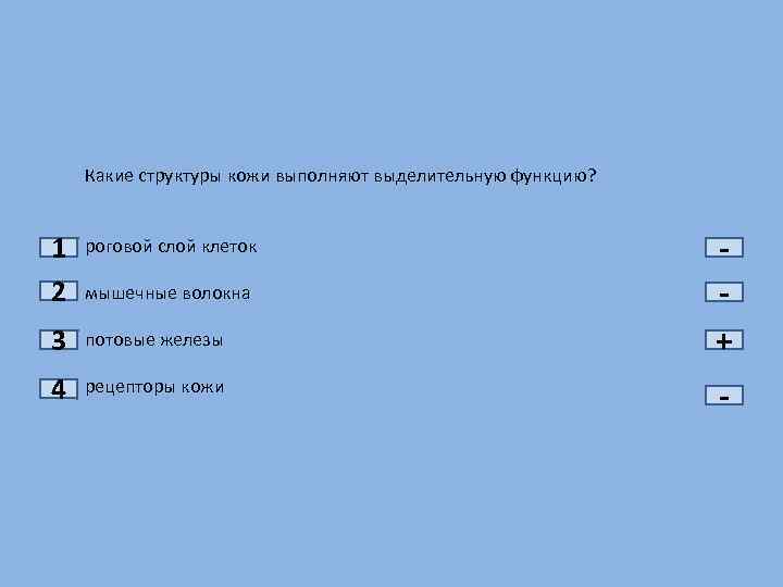 Какие структуры кожи выполняют выделительную функцию? 1 2 роговой слой клеток 3 потовые железы
