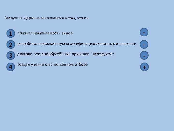 Заслуга Ч. Дарвина заключается в том, что он 1 признал изменяемость видов - 2