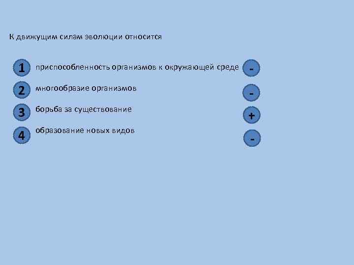 К движущим силам эволюции относится 1 приспособленность организмов к окружающей среде - 2 многообразие