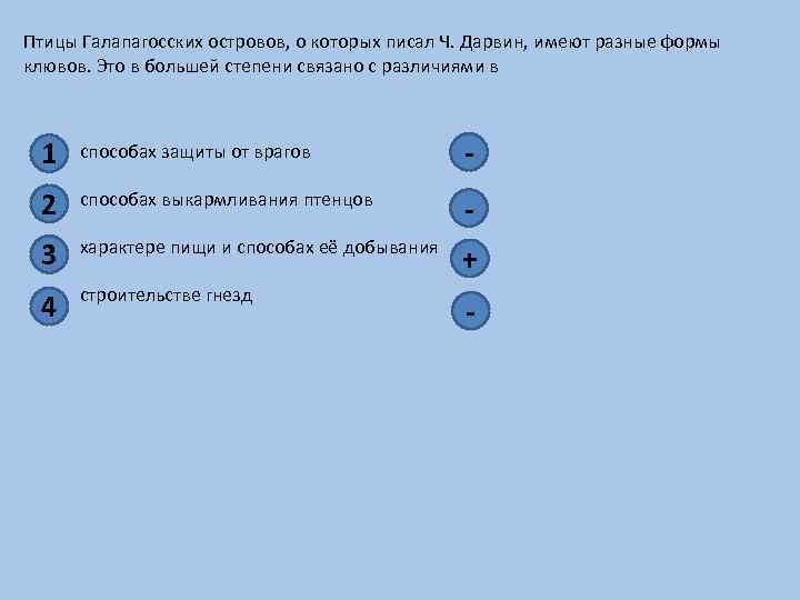 Птицы Галапагосских островов, о которых писал Ч. Дарвин, имеют разные формы клювов. Это в