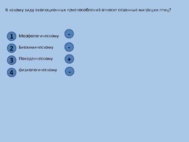 К какому виду эволюционных приспособлений относят сезонные миграции птиц? 1 Морфологическому - 2 Биохимическому