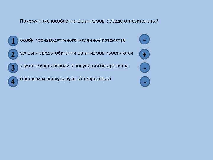 Почему приспособления организмов к среде относительны? 1 2 3 4 особи производят многочисленное потомство