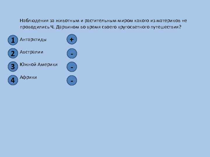 1 Наблюдения за животным и растительным миром какого из материков не проводились Ч. Дарвином