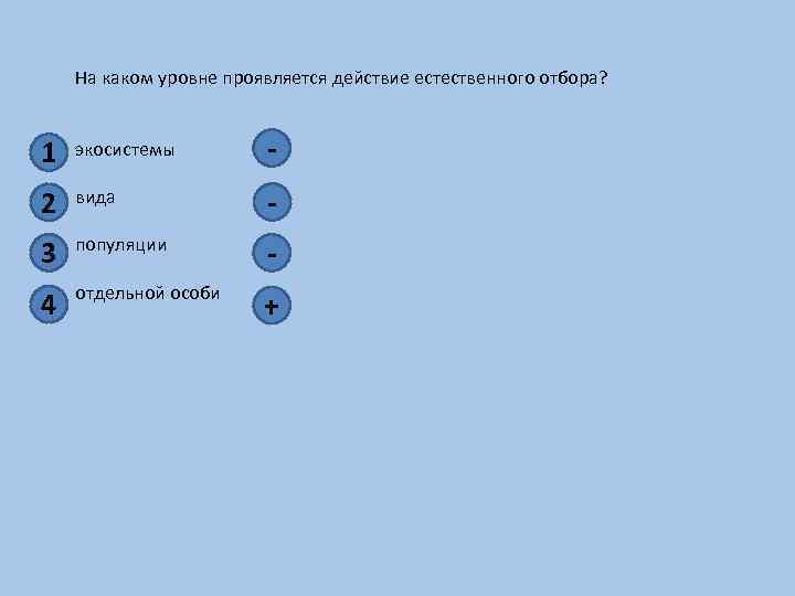 На каком уровне проявляется действие естественного отбора? 1 экосистемы - 2 вида - 3