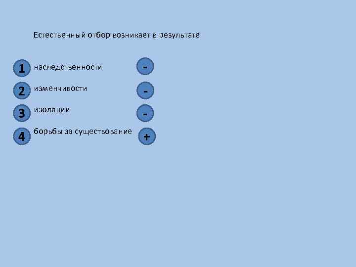 Естественный отбор возникает в результате 1 наследственности - 2 изменчивости - 3 изоляции -