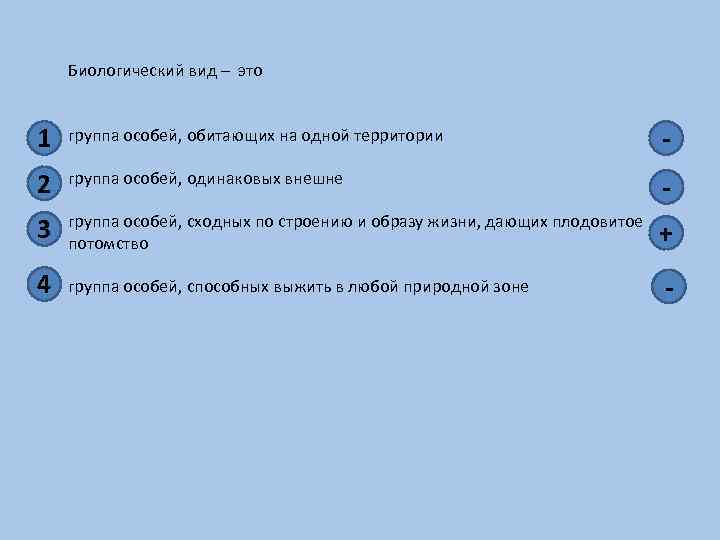 Биологический вид – это 1 группа особей, обитающих на одной территории - 2 группа