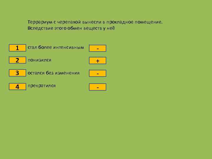 Террариум с черепахой вынесли в прохладное помещение. Вследствие этого обмен веществ у неё 1