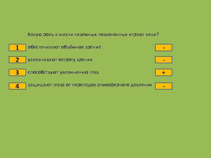 1 2 3 4 Какую роль в жизни наземных позвоночных играют веки? обеспечивают объёмное