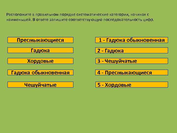 Расположите в правильном порядке систематические категории, начиная с наименьшей. В ответе запишите соответствующую последовательность
