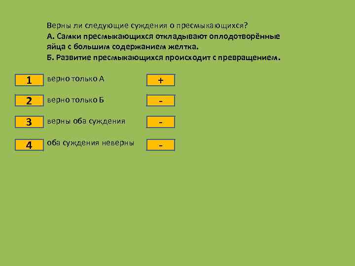 Верны ли следующие суждения о пресмыкающихся? А. Самки пресмыкающихся откладывают оплодотворённые яйца с большим