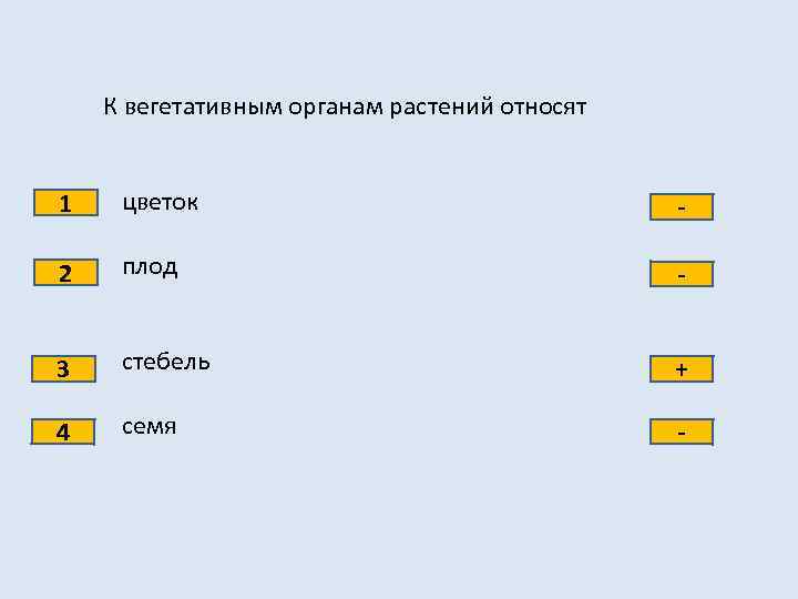 К вегетативным органам растений относят 1 цветок - 2 плод - 3 стебель +