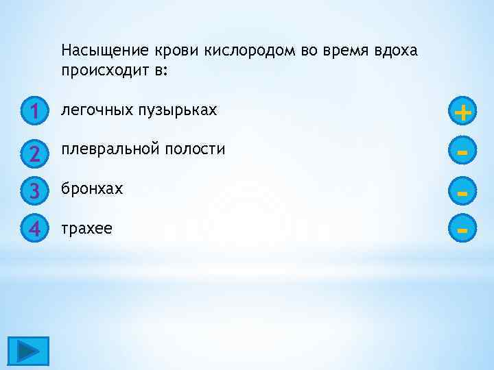 Насыщение крови кислородом во время вдоха происходит в: 1 легочных пузырьках 2 плевральной полости