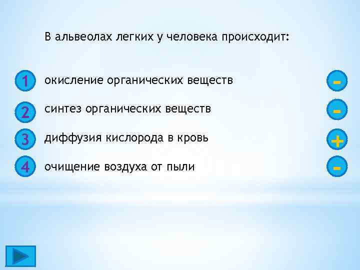 В альвеолах легких у человека происходит: 1 окисление органических веществ 2 синтез органических веществ