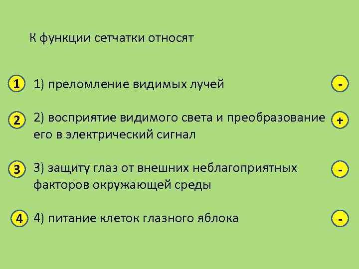 К функции сетчатки относят 1 1) преломление видимых лучей - 2 2) восприятие видимого