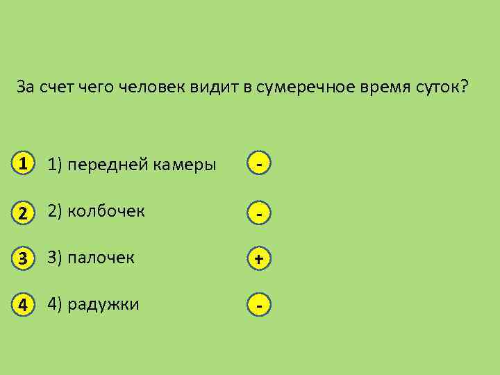 За счет чего человек видит в сумеречное время суток? 1 1) передней камеры -