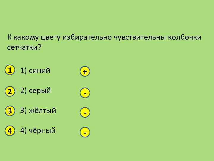 К какому цвету избирательно чувствительны колбочки сетчатки? 1 1) синий + 2 2) серый