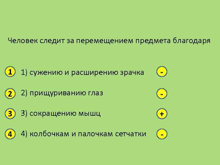 Человек следит за перемещением предмета благодаря 1 1) сужению и расширению зрачка - 2