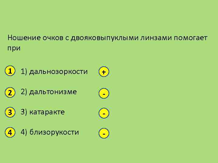 Ношение очков с двояковыпуклыми линзами помогает при 1 1) дальнозоркости + 2 2) дальтонизме