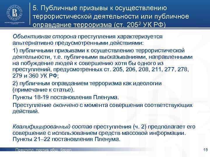 5. Публичные призывы к осуществлению террористической деятельности или публичное оправдание терроризма (ст. 2052 УК