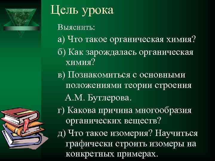 Цель урока Выяснить: а) Что такое органическая химия? б) Как зарождалась органическая химия? в)