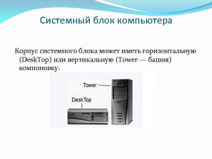 Системный блок компьютера Корпус системного блока может иметь горизонтальную (Desk. Top) или вертикальную (Tower
