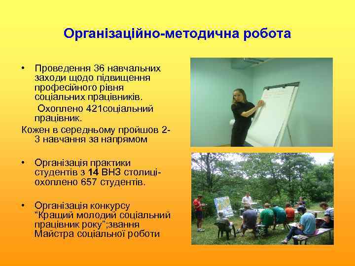 Організаційно-методична робота • Проведення 36 навчальних заходи щодо підвищення професійного рівня соціальних працівників. Охоплено