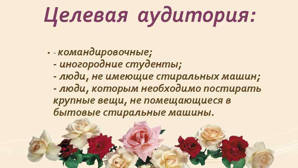 Целевая аудитория: • - командировочные; - иногородние студенты; - люди, не имеющие стиральных машин;