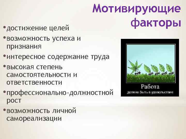  • достижение целей • возможность успеха и Мотивирующие факторы признания • интересное содержание