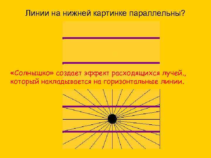 Линии на нижней картинке параллельны? «Солнышко» создает эффект расходящихся лучей. , который накладывается на