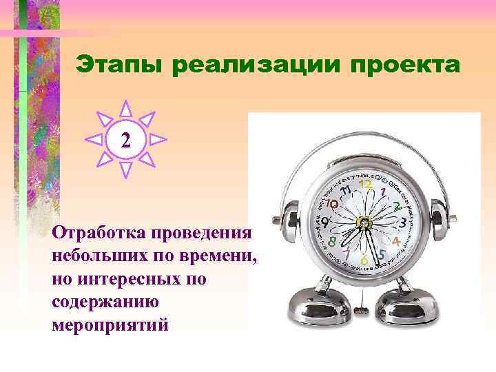 Этапы реализации проекта 2 Отработка проведения небольших по времени, но интересных по содержанию мероприятий