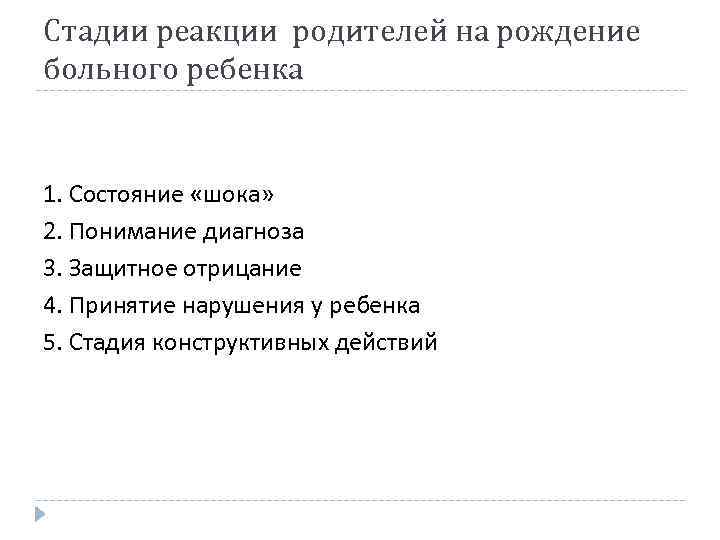 Стадии реакции родителей на рождение больного ребенка 1. Состояние «шока» 2. Понимание диагноза 3.