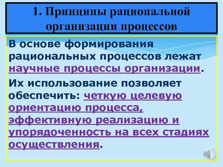 1. Принципы рациональной организации процессов В основе формирования рациональных процессов лежат научные процессы организации.