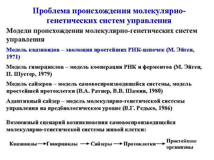 Проблема происхождения молекулярногенетических систем управления Модели происхождения молекулярно-генетических систем управления Модель квазивидов – эволюция