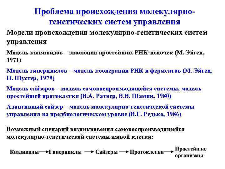 Проблема происхождения молекулярногенетических систем управления Модели происхождения молекулярно-генетических систем управления Модель квазивидов – эволюция