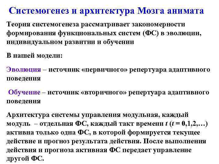 Системогенез и архитектура Мозга анимата Теория системогенеза рассматривает закономерности формирования функциональных систем (ФС) в
