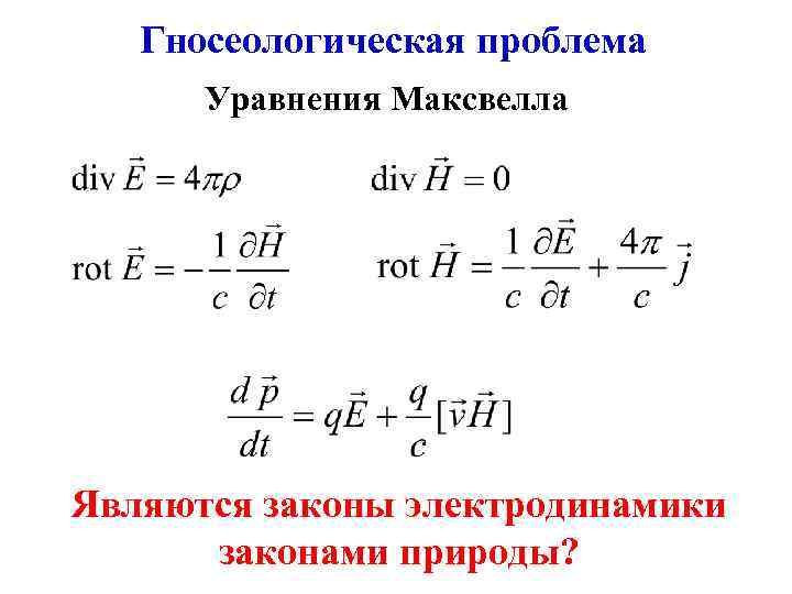 Гносеологическая проблема Уравнения Максвелла Являются законы электродинамики законами природы? 