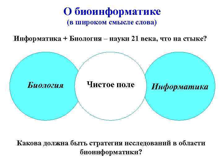 О биоинформатике (в широком смысле слова) Информатика + Биология – науки 21 века, что