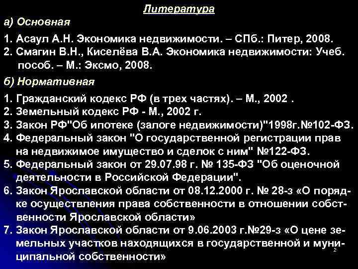 Литература а) Основная 1. Асаул А. Н. Экономика недвижимости. – СПб. : Питер, 2008.