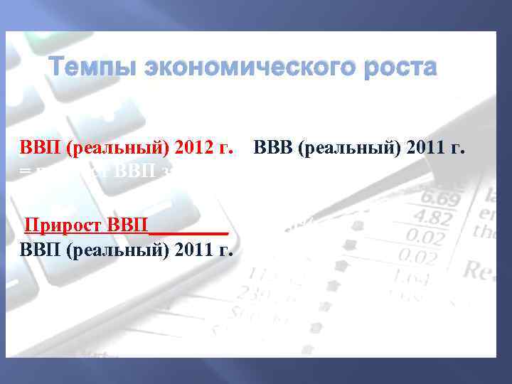 Темпы экономического роста ВВП (реальный) 2012 г. – ВВВ (реальный) 2011 г. = прирост