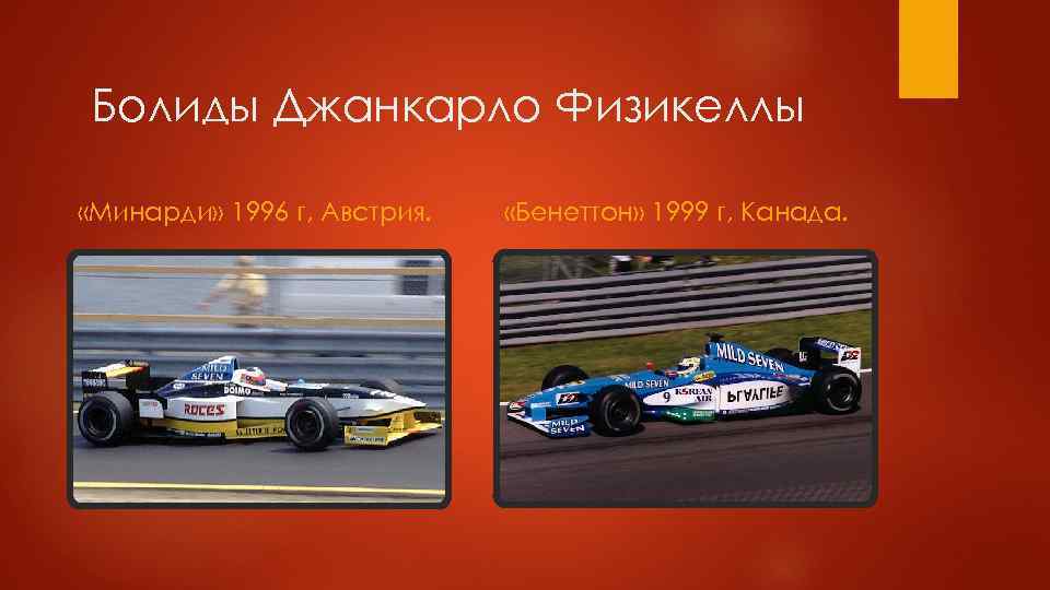 Болиды Джанкарло Физикеллы «Минарди» 1996 г, Австрия. «Бенеттон» 1999 г, Канада. 