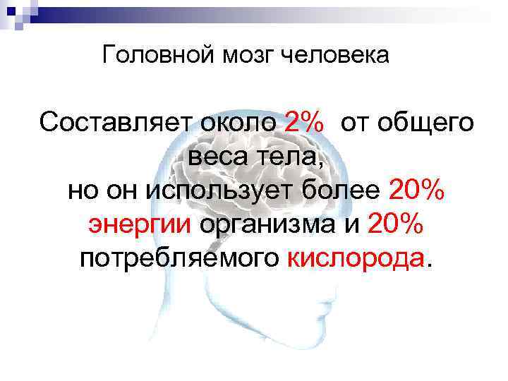 Головной мозг человека Составляет около 2% от общего веса тела, но он использует более