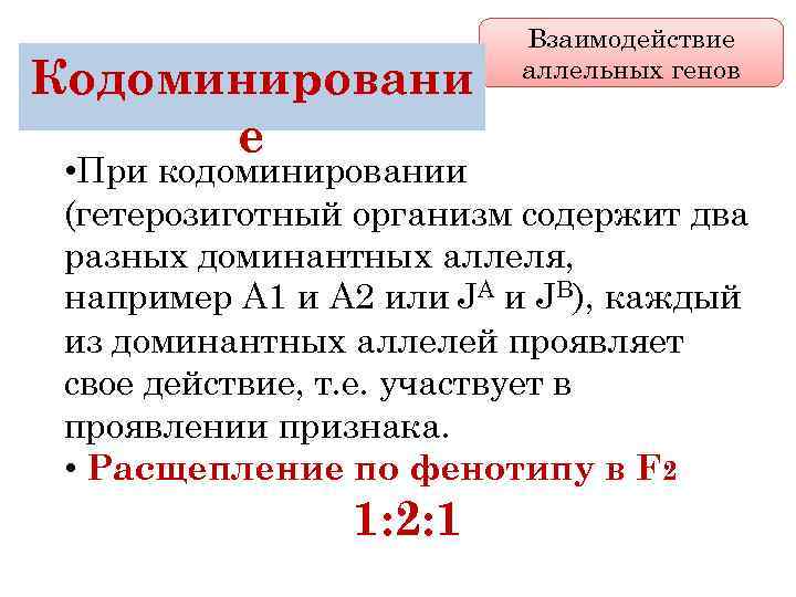 Кодоминировани е Взаимодействие аллельных генов • При кодоминировании (гетерозиготный организм содержит два разных доминантных