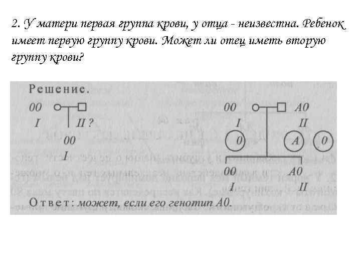 2. У матери первая группа крови, у отца - неизвестна. Ребенок имеет первую группу