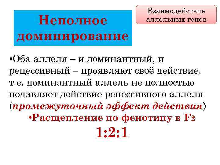 Неполное доминирование Взаимодействие аллельных генов • Оба аллеля – и доминантный, и рецессивный –