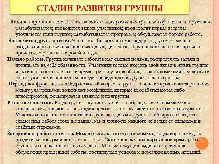 СТАДИИ РАЗВИТИЯ ГРУППЫ Начало воркшопа. Это так называемая стадия рождения группы: воркшоп планируется и