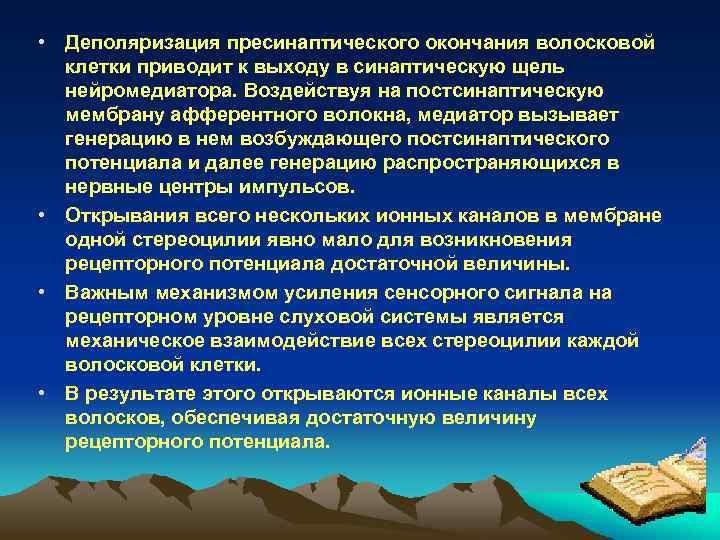  • Деполяризация пресинаптического окончания волосковой клетки приводит к выходу в синаптическую щель нейромедиатора.