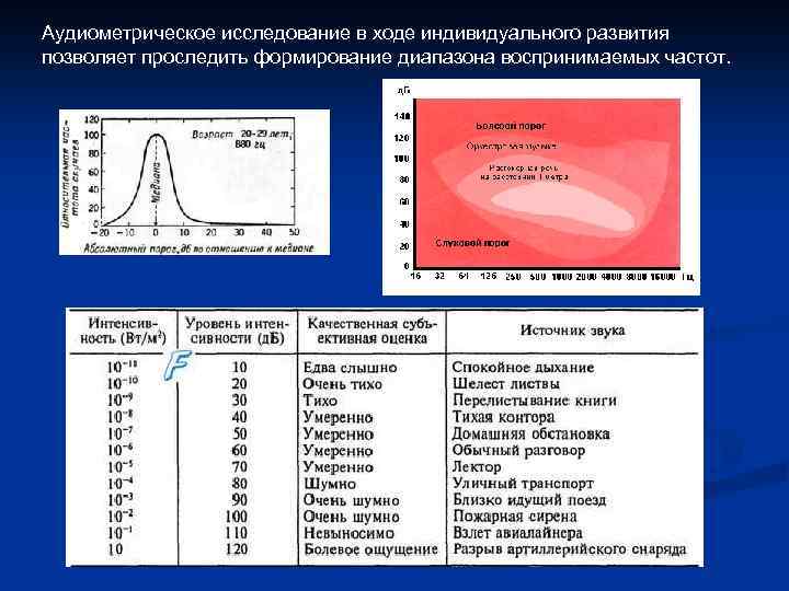 Аудиометрическое исследование в ходе индивидуального развития позволяет проследить формирование диапазона воспринимаемых частот. 