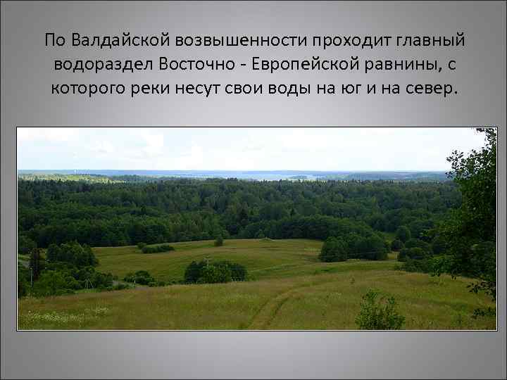 По Валдайской возвышенности проходит главный водораздел Восточно - Европейской равнины, с которого реки несут