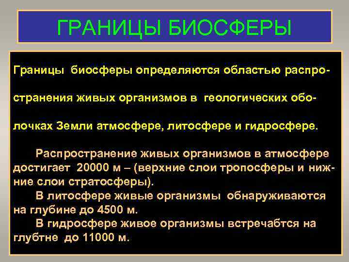 ГРАНИЦЫ БИОСФЕРЫ Границы биосферы определяются областью распространения живых организмов в геологических оболочках Земли атмосфере,